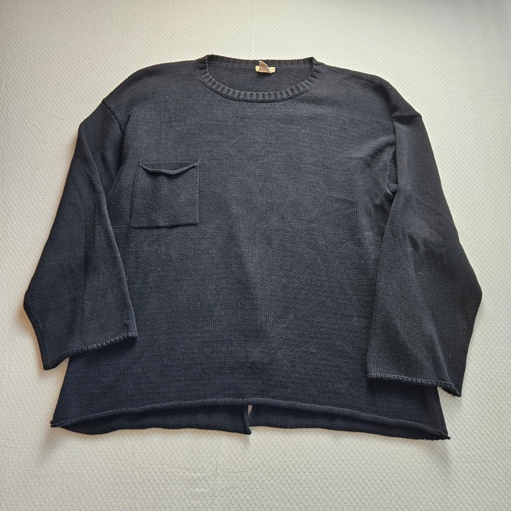Black 100% Cotton Knit Sweater 2X Oversized Chest Pocket Roll Hem Grunge Indie